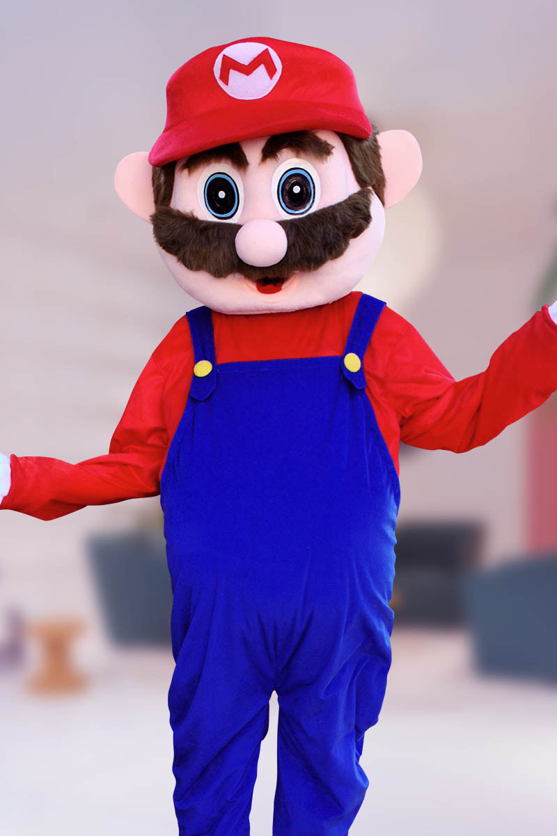 Mario mascot character posing at gaming birthday party in Los Angeles